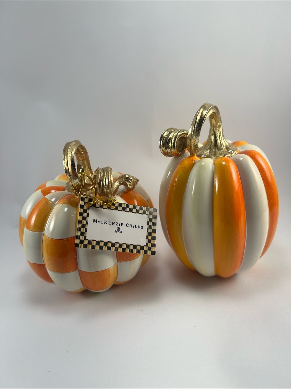 MacKenzie-Childs Orange, White & Gold Striped Pumpkin Pair